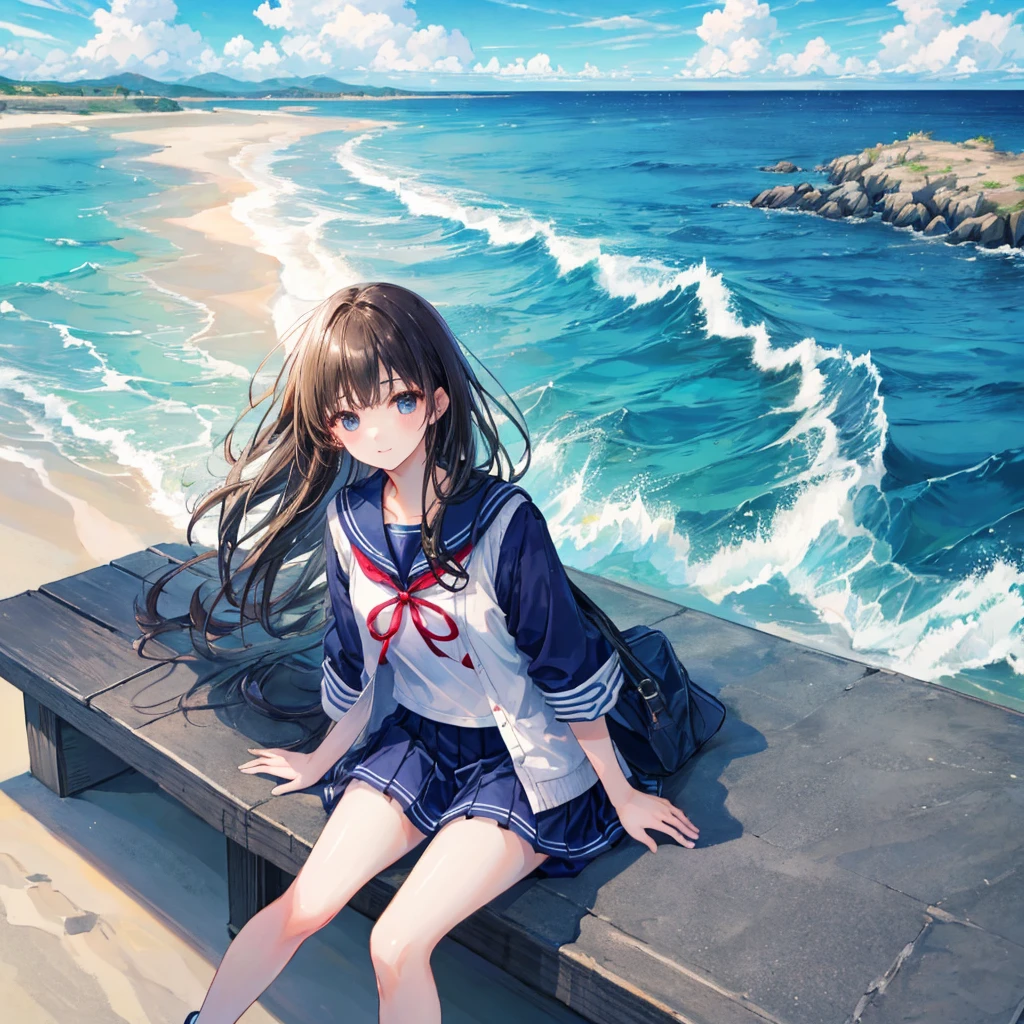 ((最high quality, 8K, masterpiece: 1.3, Ultra HD, high quality, 最high quality, High resolution, realism)) 、Very beautiful 18 year old Japanese schoolgirl、I'm wearing a sailor suit、Wearing a navy blue pleated skirt、Wear loafers、Hair is light brown、black eye、Medium Hair、Straight hair、smile、sit on a high breakwater on the beach、The blue sky is beautiful、There is a road in front of the breakwater...、The sea is beautiful、Beautiful horizon、 An island can be seen offshore、Entering the clouds above the horizon、Island Lighthouse