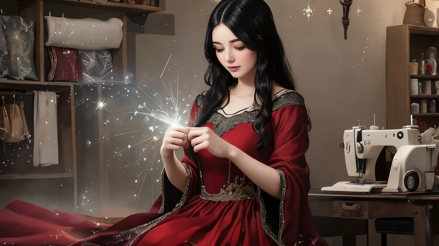 ((best quality)), ((masterpiece)), (detailed), A digital illustration of a young woman surrounded by fabric and sewing materials, with magical sparkles emanating from her hands as she creates a dress. She has long black hair and is wearing a flowing red dress.