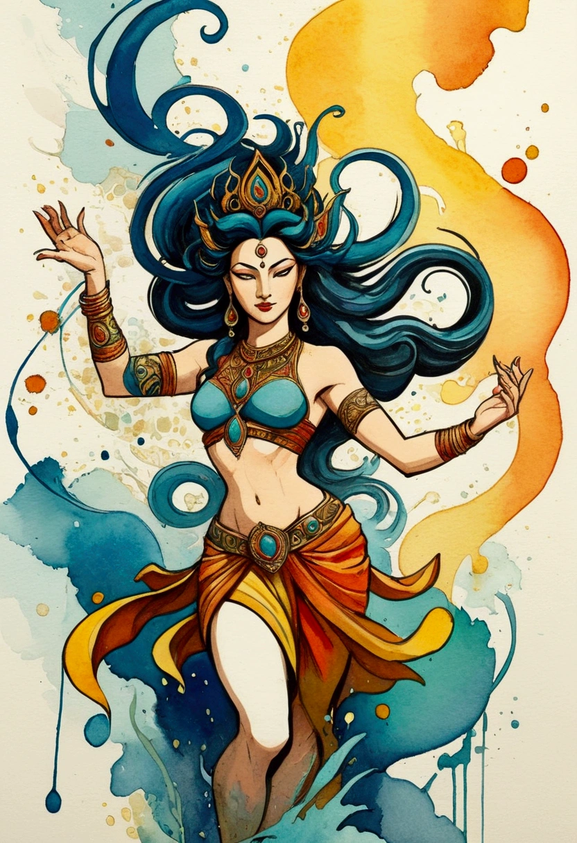 comic strip illustration combining oil paiinting, watercolour and inked outlines abstract details splashes of dynamic paint and ink , action goddess tara