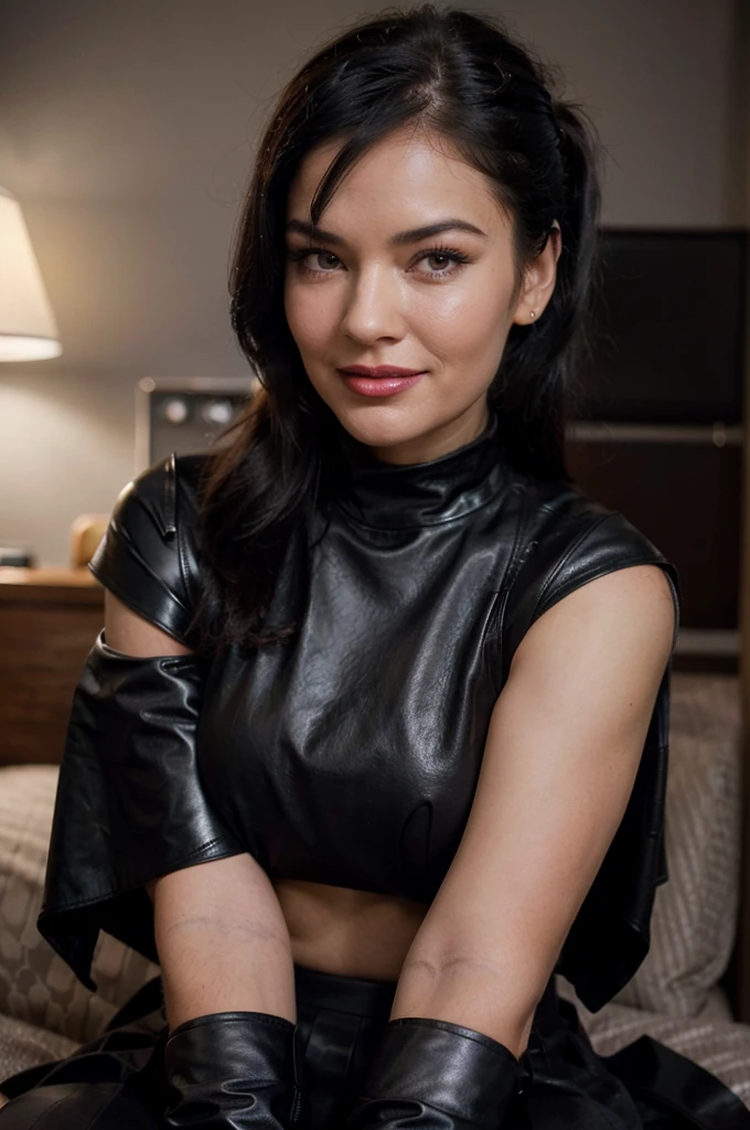 proFessional portrait photograph oF a gorgeous smiling Bettie page girl in winter clothing ,ponytail Black hair, black long maxi-skirt(black long maxi-skirt:1.2),sultry Flirty look, gorgeous symmetrical Face, joli maquillage naturel, wearing elegant warm winter Fashion clothing,flirting with the camera, ((black leather gloves)), ((sitting in front of me in mty dark hotel room holdin my hand with love)), ultra realistic, art conceptuel, elegant, Very detailed, complexe, sharp Focus, depth oF Field, F/1. 8, 85mm, (((proFessionally color graded))), bright soFt diFFused light, (volumetric Fog), tendance sur Instagram, hdr 4k, 8K
