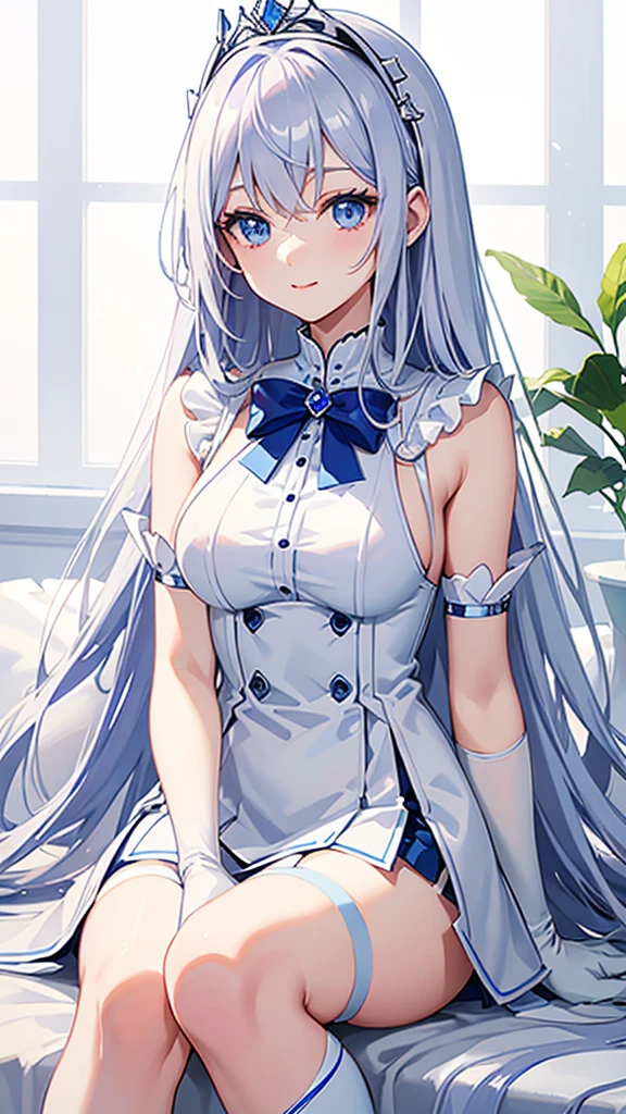 lilac、Straight hair down to the waist　Blue Eyes　A gentle smile　White is the main color.々Blue、Sleeveless blazer　Mainly white with blue lines、A very short mini skirt　Long gloves in white　White knee-high socks　Silver tiara on head　Glamorous busty 18 year old girl　Height 164 cm　　Anime painting