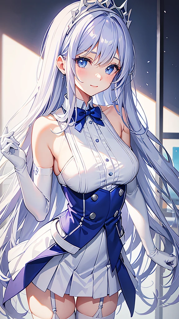 lilac、Straight hair down to the waist Blue Eyes A gentle smile White is the main color.々Blue、Sleeveless blazer Mainly white with blue lines、A very short mini skirt Long gloves in white White knee-high socks Silver tiara on head Glamorous busty 18 year old girl Height 164 cm Anime painting