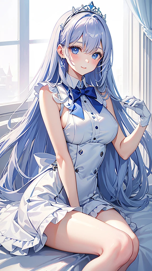 lilac、Straight hair down to the waist Blue Eyes A gentle smile White is the main color.々Blue、Sleeveless blazer Mainly white with blue lines、A very short mini skirt Long gloves in white White knee-high socks Silver tiara on head Glamorous busty 18 year old girl Height 164 cm Anime painting