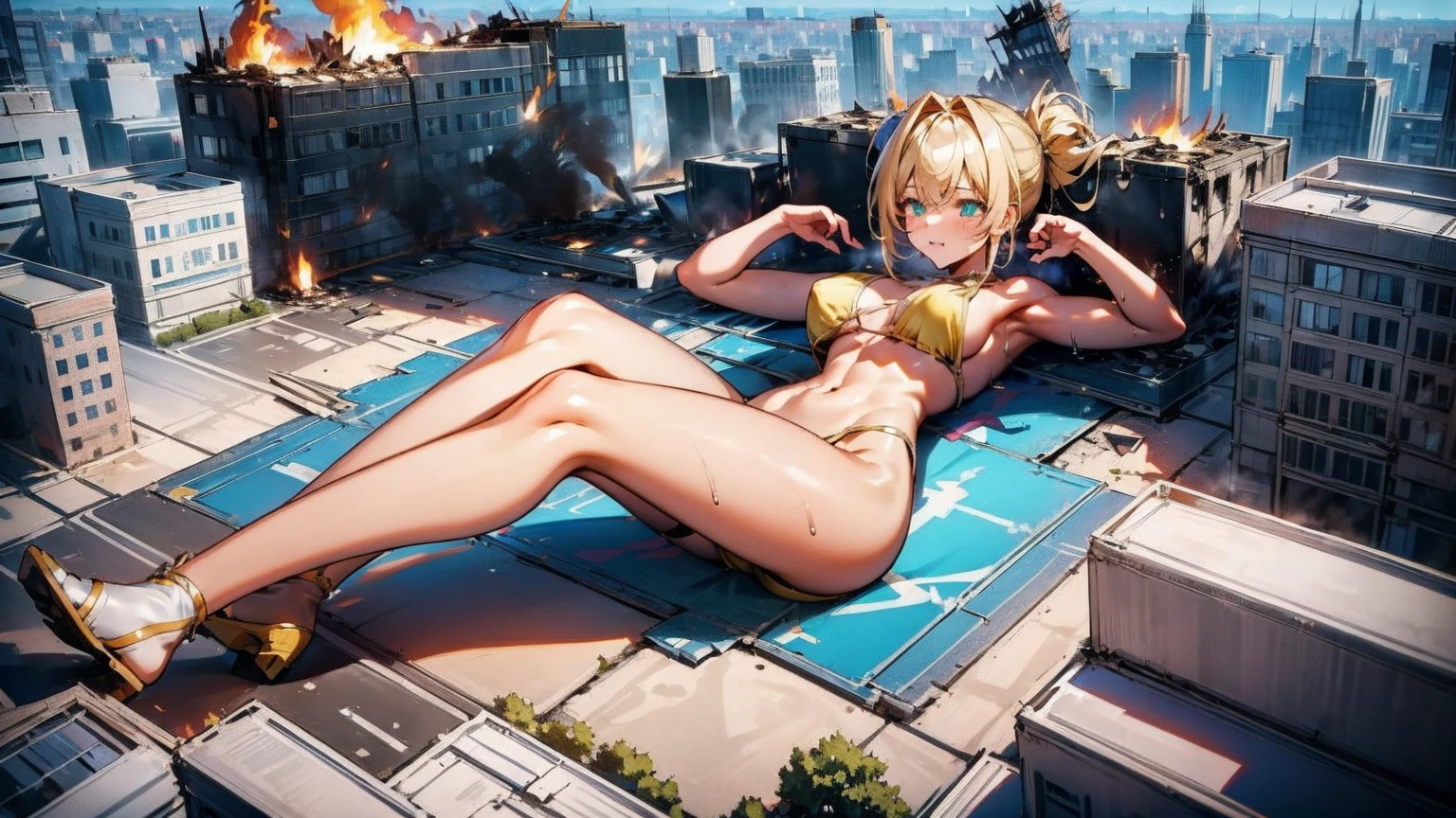 Giantess with firm , long sexy legs, yellow hair and in a bikini is lying on the ground, while the city at her feet burns in flames for the destruction she has caused, while the tiny people climb on her body to try to defeat her uselessly. Giantess, goddess, macrophilia, curvaceous body, hentai, fetish, sexy legs, bikini, high heels, high quality
