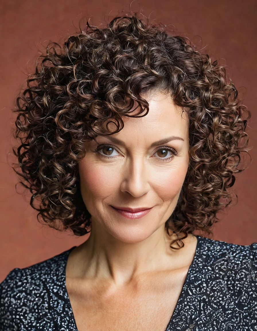 Modern perm on short curly hair of woman in her 40s