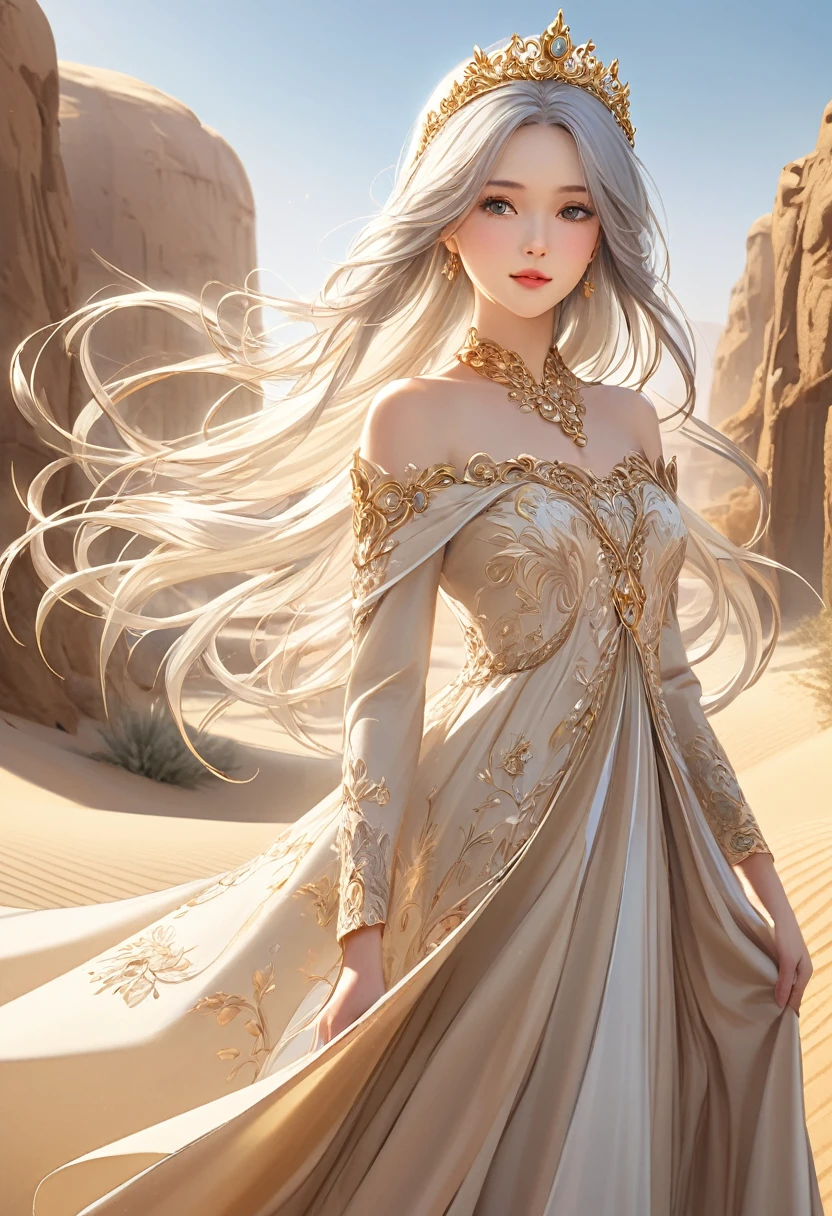   A charming and beautiful princess wearing a beige dress and a golden tiara stands in front of a desert oasis in the desert(close up)  hair is very long,Silver hair swaying in the wind, 

               Beige dress with gold thread decoration, flowing fabric and rich details, Sophisticated and elegant jewelry, , Delicate and luxurious art masterpiece beautiful, Intricate details Delicate and dynamic depictions of magical atmosphere Aesthetic art Precisely detailed fantasy art Ultra-detailed，complicated，Film perspective，The use of light and shadow in CG art is bright, High-quality animation style presentation