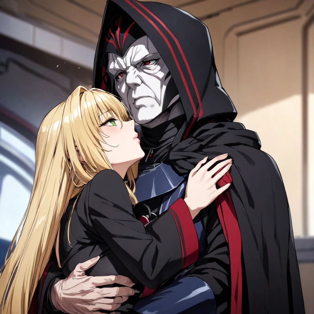 ((Highest quality)), ((masterpiece)), (detailed), （Perfect Face）、The woman is Tiare, a beautiful Space Imperial Army officer with green eyes and medium-long blonde hair, wearing a Space Imperial Army uniform and military cap.、The woman pledges her loyalty to Emperor Palpatine and embraces him, kissing him.、The woman is standing close to the Emperor, and the dignified old Emperor Palpatine is holding her close, kissing her and loving her.、The man is Darth Sidious, Emperor Palpatine, Dark Lord of the Sith, a wrinkled, dignified, ugly old man wearing a black hooded robe, embracing, kissing and fondling a woman.