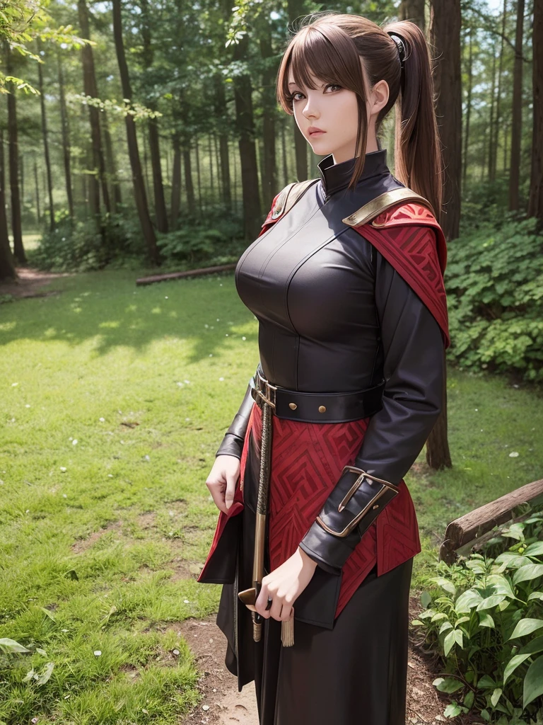A woman with short brown hair and a mix of blonde and brown eyes. She wears the demon slayer standard corps uniform. She has a red haori with a pattern on it. She's a demon slayer character. 21 year old woman. She wears hair with bangs because she has a large plus-shaped scar in the middle of her forehead. Elegant. Serious. Kind. Demon slayer art style. She is now in a peaceful and daytime forest. She has a katana sword. She's so beautiful. She shines like a diamond. Demon slayer art. Anime.