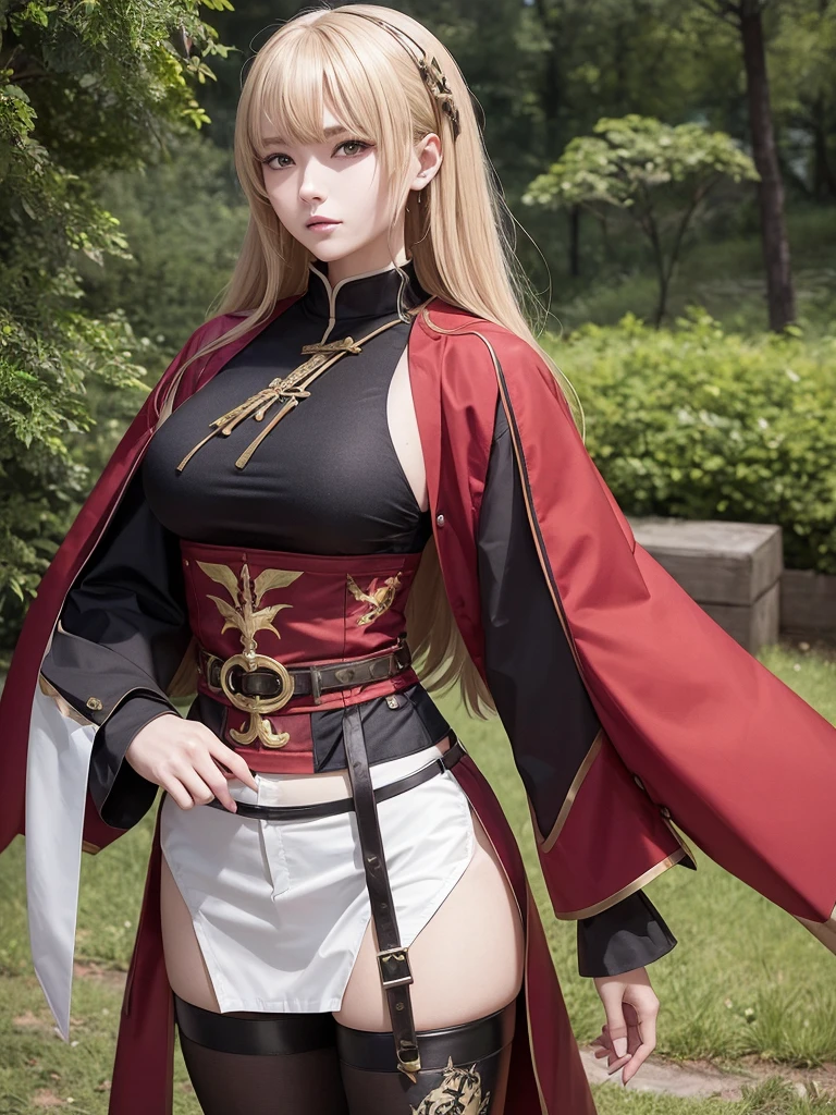 A woman with short brown hair and a mix of blonde and brown eyes. She wears the demon slayer standard corps uniform. She has a red haori with a pattern on it. She's a demon slayer character. 21 year old woman. She wears hair with bangs because she has a large plus-shaped scar in the middle of her forehead. Elegant. Serious. Kind. Demon slayer art style. She is now in a peaceful and daytime forest. She has a katana sword. She's so beautiful. She shines like a diamond. Demon slayer art. Anime.