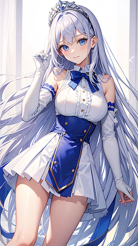 lilac、Straight hair down to the waist Blue Eyes A gentle smile White is the main color.々Blue、Sleeveless blazer Mainly white with blue lines、A very short mini skirt Long gloves in white White knee-high socks Silver tiara on head Glamorous busty 18 year old girl Height 164 cm Anime painting