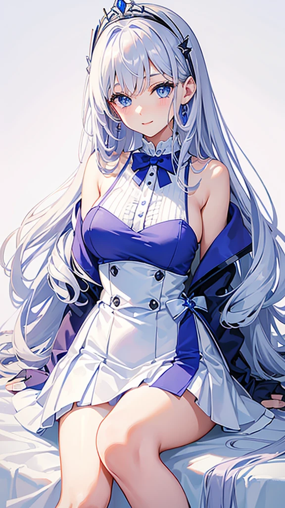 lilac、Straight hair down to the waist　Blue Eyes　A gentle smile　White is the main color.々Blue、Sleeveless blazer　Mainly white with blue lines、A very short mini skirt　Long gloves in white　White knee-high socks　Silver tiara on head　Glamorous busty 18 year old girl　Height 164 cm　　Anime painting