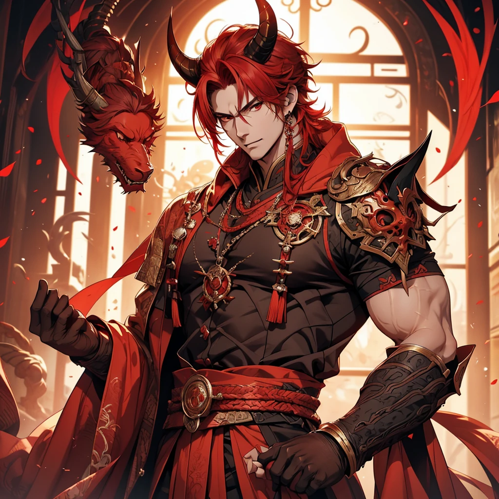 1 handsome guy in demon killer art, demon horn, red hair，,  Inspired by Bian Shoumin, heise jinyao, Inspired by Seki Dosheng, Cai Xukun, by Yang J, Guviz-style artwork, Deviantart ArtStation CGSCOSIETY, demon slayer rui fanart, Beautiful androgynous prince