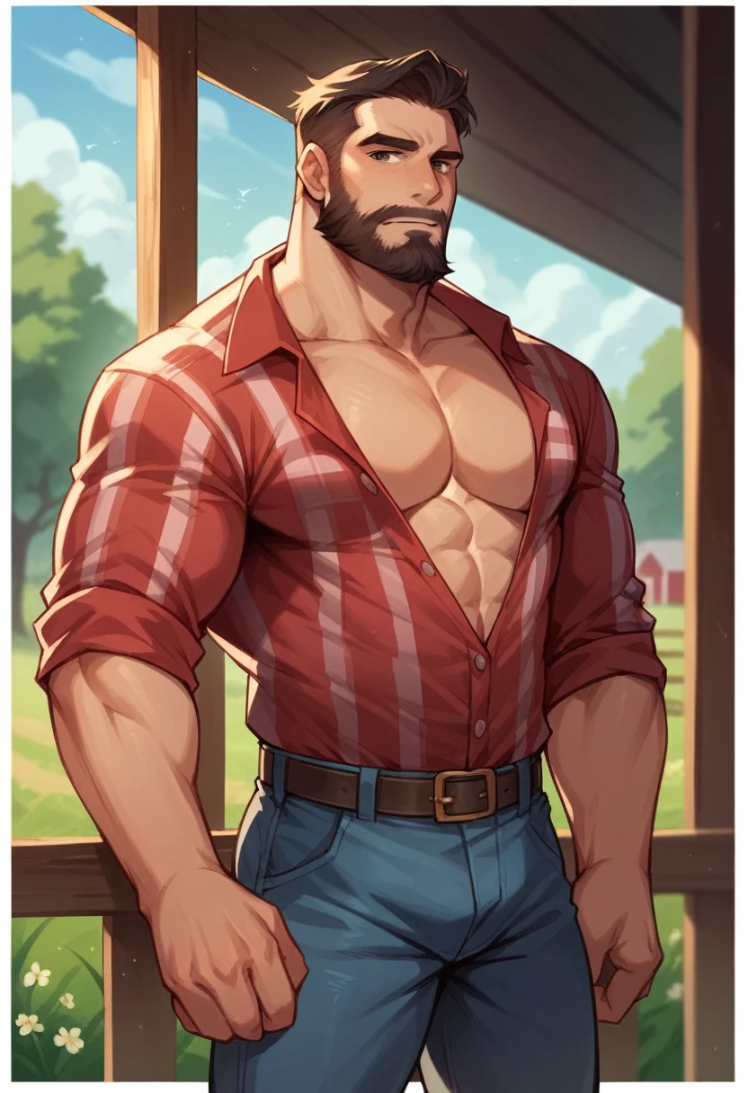 Human Male Adult ,Beard , hair Style , eyes half close, Farm Clothing