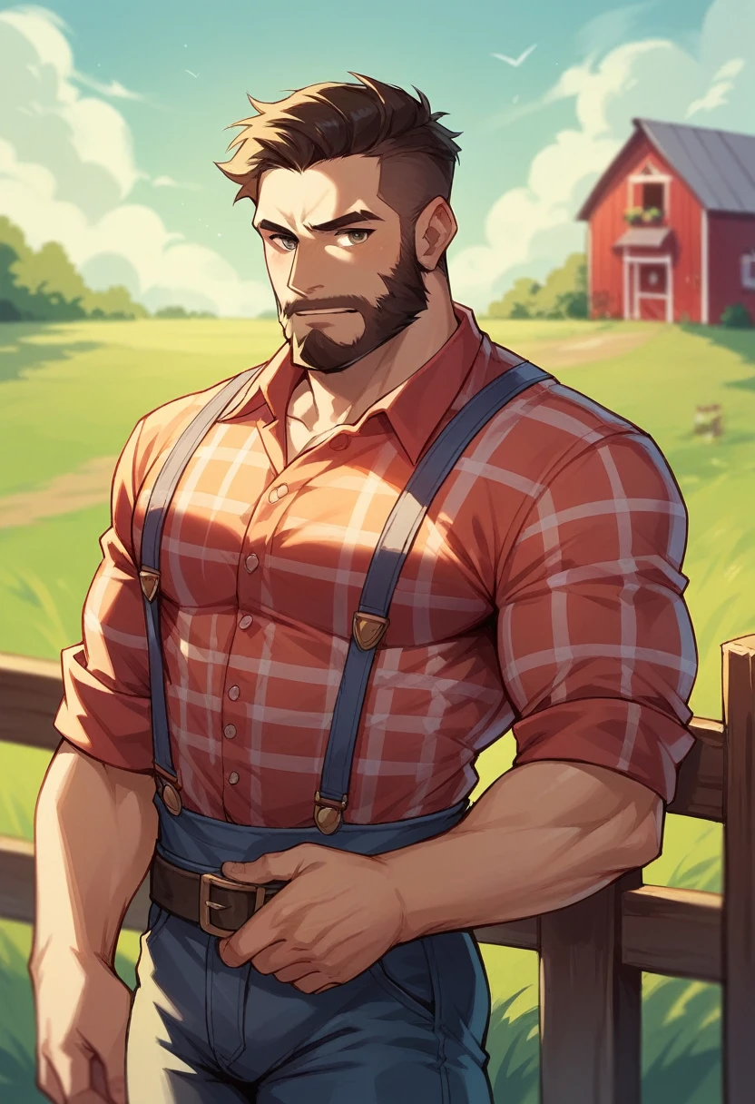 Human Male Adult ,Beard , hair Style , eyes half close, Farm Clothing