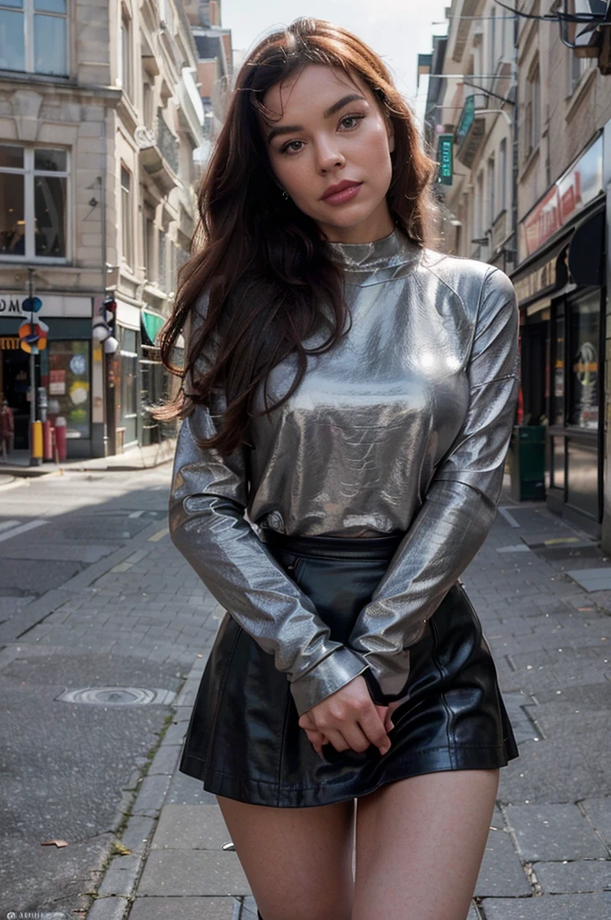 proFessional portrait photograph oF a gorgeous Bettie Page girl in winter clothing with long wavy red hair, sultry Flirty look, gorgeous symmetrical Face, joli maquillage naturel, wearing elegant warm winter Fashion clothing, ((debout dehors dans une rue enneigée de la ville)), (( soft grey leather gloves )) (( grey skirt)) superbe environnement urbain moderne, ultra realistic, art conceptuel, elegant, Very detailed, complexe, sharp Focus, depth oF Field, F/1. 8, 85mm, Coup moyen, midplane, (((proFessionally color graded))), bright soFt diFFused light, (volumetric Fog), tendance sur Instagram, hdr 4k, 8K