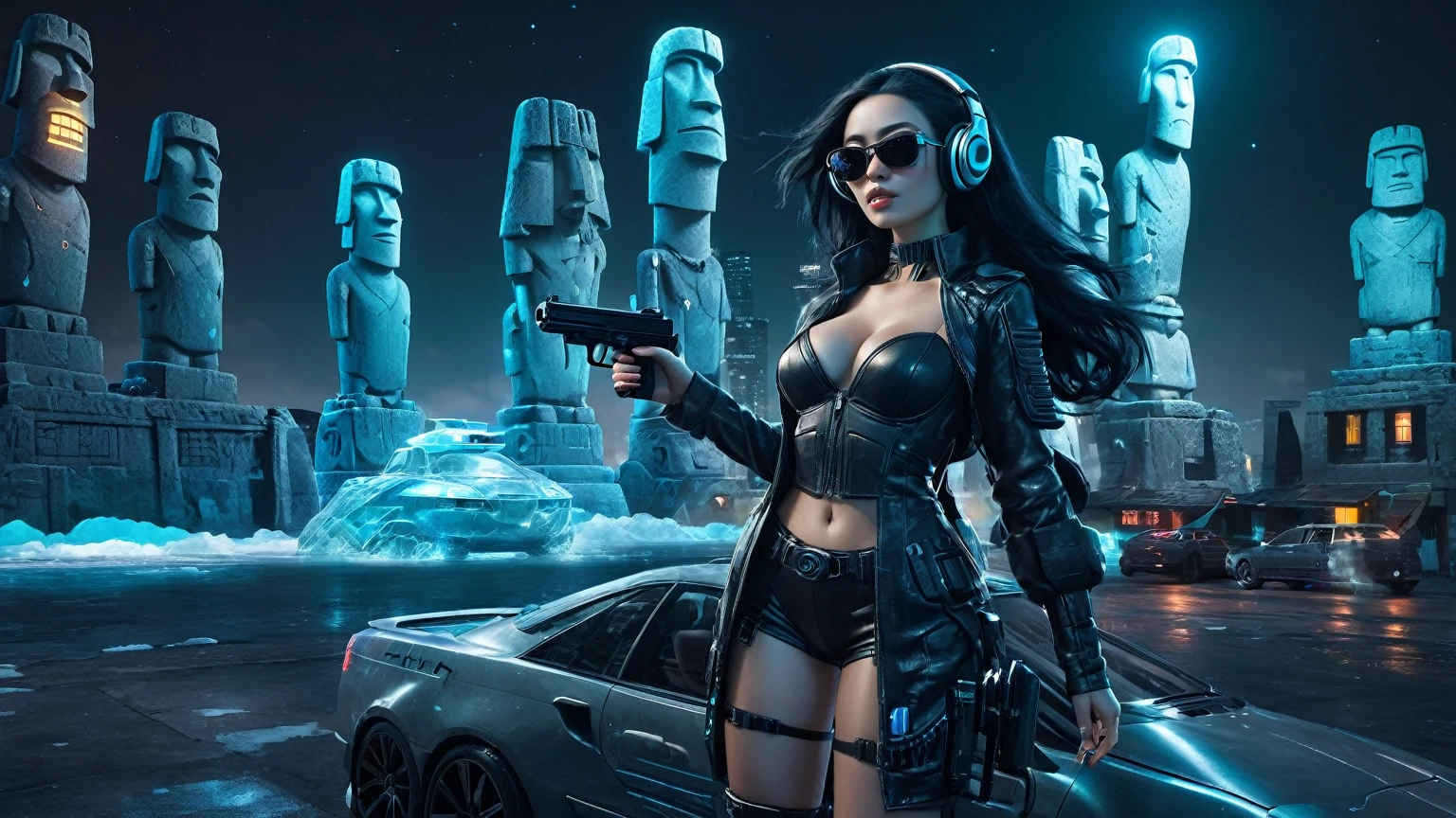 At night, dark sky, distant shot aerial view of fantasy cyberpunk style ice ((Moai-statue)) city, ((flying car)). ((1girl, solo, alone)), medium-breast:1.1 slim body, cleavage, sexy clothes, (headphone, black sunglasses, long black realistic hair), (((hip-up standing and holding pistol))), (((((half-body thigh level medium shot))))), cinematic lighting, lens flare, ray tracing.