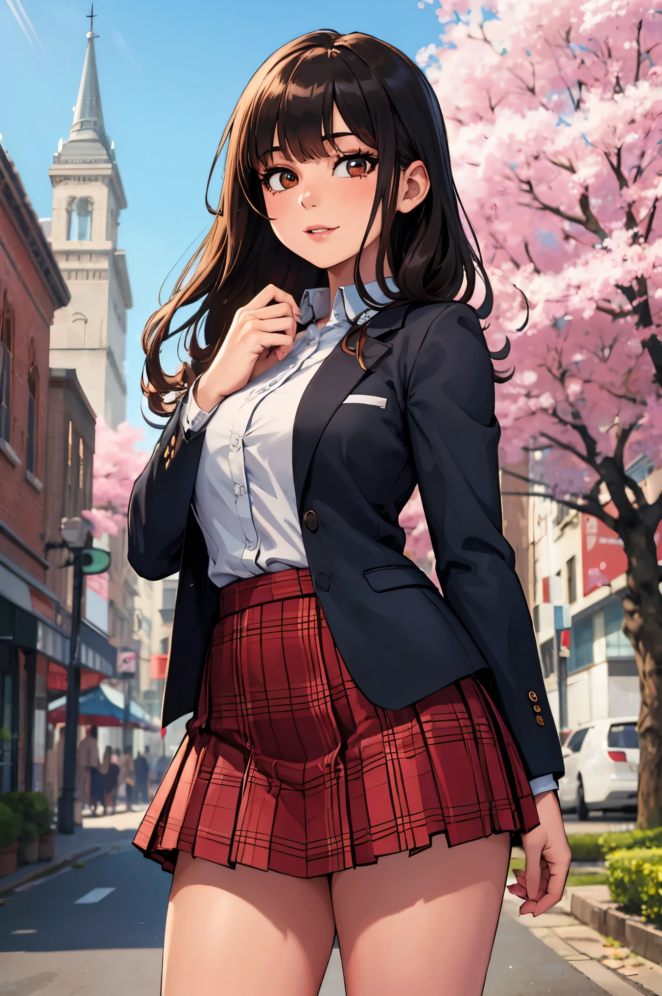 (best quality, ultra detailed, absolutely resolution:1.3), realistic, detailed cute face, detailed big eyes, detailed hair, detailed clothes, detailed realistic background, happy expression, 
BREAK (teenage girl:1.3), cheerful, solo, brown long hair, bangs, , blazer, plaid miniskirt, standing, medium breasts, thigh, fair skin, outdoors, downtown, cherry blossoms, 