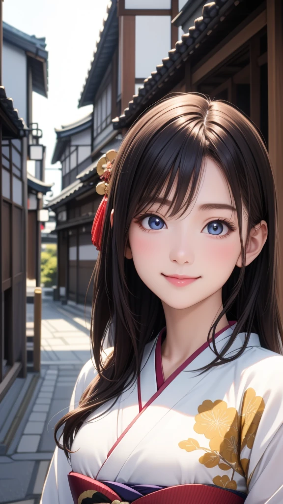 Professional Lighting,(Realistic:1.4), (Top image quality:1.0), (超High resolution:1.0), 8K, Raw photography, (masterpiece:0.2), (Dealing with the ren_v1:0.5)、(最高quality Detail:1.2)、Realistic、8K Ultra HD、High resolution、(1 Girl:1.2)、超detailedな、High quality textures、複雑なdetailed、detailed、Very detailed CG、High quality shadows、detailed 美しく繊細な顔、Beautiful details and a delicate eye、(Symmetrical eyes:1.2),Written boundary depth、Ray Tracing,1 Girl, Japanese Girls, (Natural smile:1.4),cute, thin, Portrait of a beautiful Japanese woman in a kimono, Standing elegantly on a street corner in Kyoto. Kimono with vibrant traditional patterns, Hair decorated with elegant and delicate hairpins, Gentle expression. (With the old streets of Kyoto in the background:1.4)、The soft light of a spring afternoon、Adding tranquility to the scene. Rendered in a Realistic style with great attention to detail, High resolutionの画像.Sky Porn,ic Hour, (Realistic:1.3), finely, quality, (Tabletop:1.2), (Realistic:1.2), (最高quality), (複雑なdetailed), dramatic, Ray Tracing, photograph, +roller