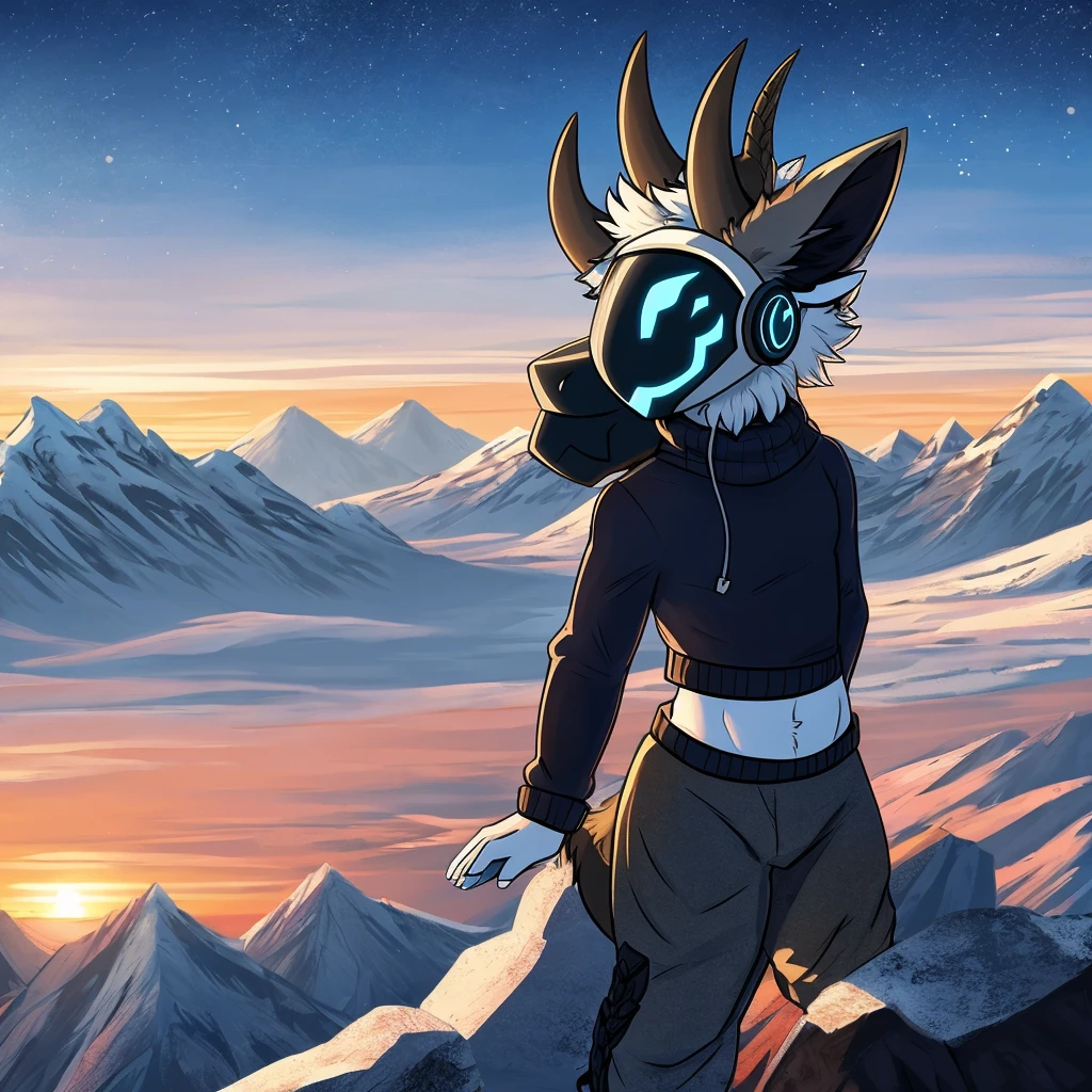Hairy protogen with horns not so big or small on his head and smiling in a mountainous sunset and blue in color with black and white fur and with the body of a protogen with more vital parts and with a sweater and mountain pants being alone and his tail a little long 