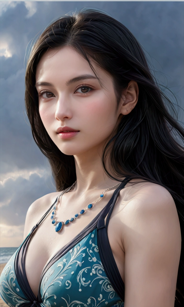 ((Masterpieces with up to 16K resolution:1.6)),Highest quality,It's really amazing,Very detailed,Ultra-high resolution,(Genuine:1.5),(Genuineistic:1.5),Increased depth of field,Cinematic Light,
Elegant mature woman,
Long black hair,(Exquisitely detailed face:1.5),Face with a gentle expression,Translucent white skin,Very sensitive skin,Great proportions,Anatomically correct body,
Sexy bikini swimwear,Artistic design,Beautiful and detailed pattern,Detailed fabric texture,Gorgeous Necklace,
Coastal landscape at dusk,Dark clouds and dark sky,delay々Continuing sandy beach, Deserted Beach,Dark sea surface,
(Elevation:1.6),