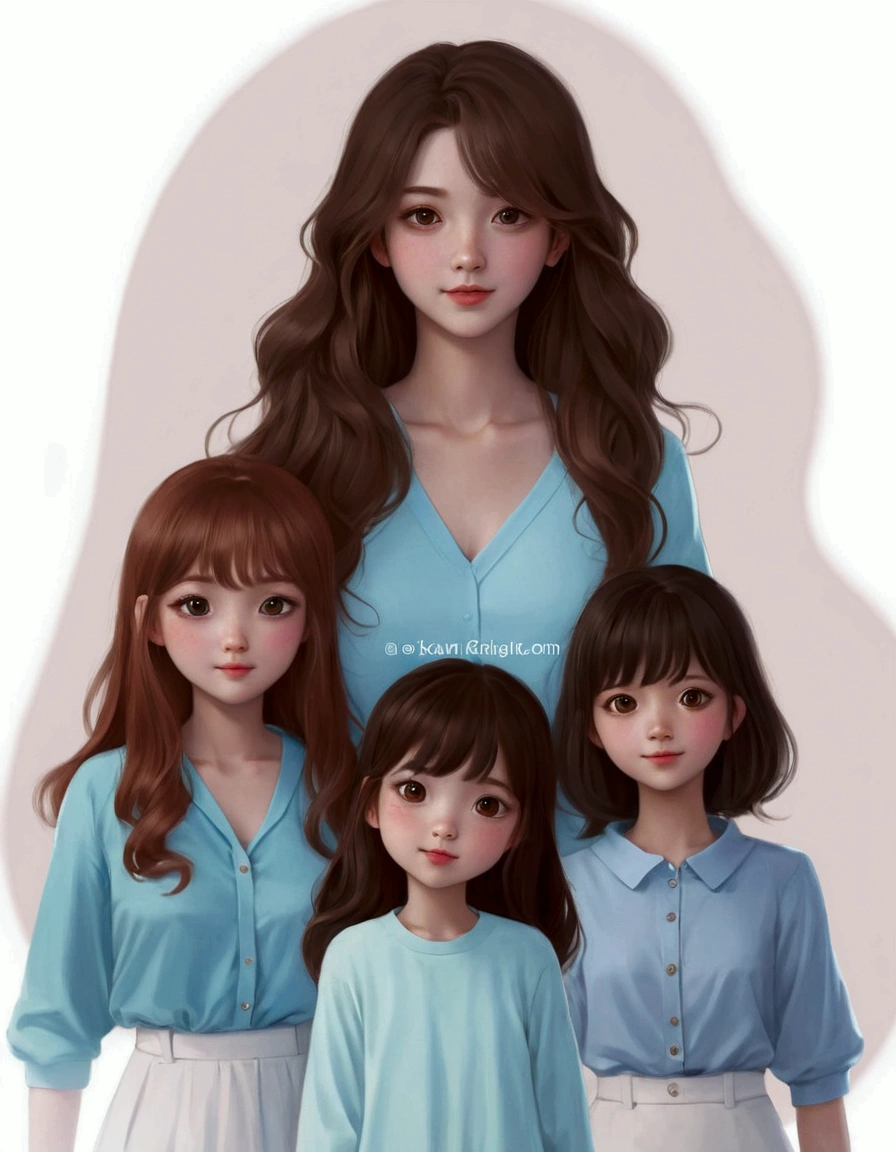 a close up of a drawing of three women with long hair, perfect android girl family, digital anime illustration, in the art style of bowater, cute art style, kawaii realistic portrait, only a few bangs of hair, digital cartoon painting art, cartoon digital painting, cute digital art, beautiful drawing style, high quality portrait, young girls, digitial painting