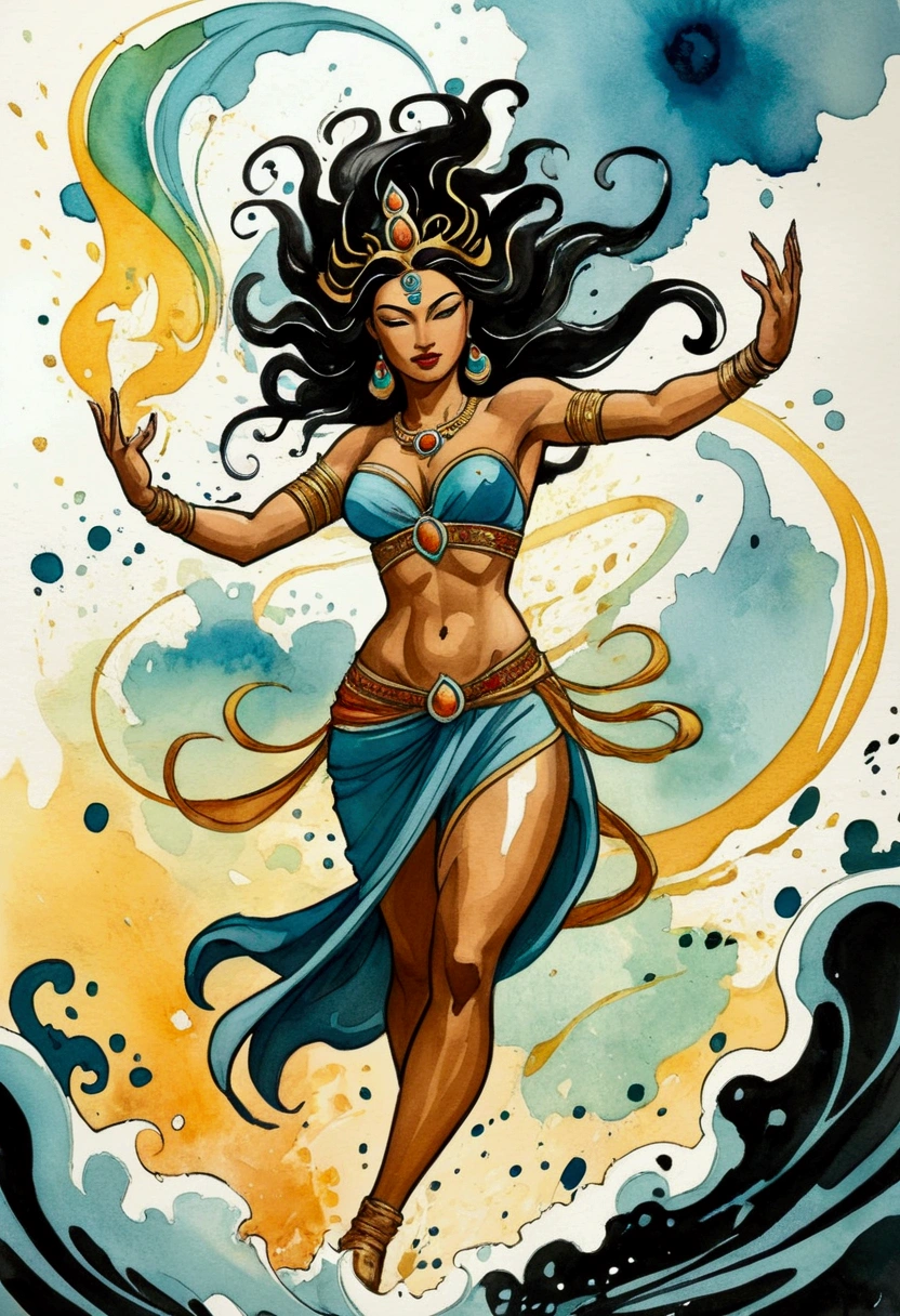 comic strip illustration combining oil paiinting, watercolour and inked outlines abstract details splashes of dynamic paint and ink , action goddess tara