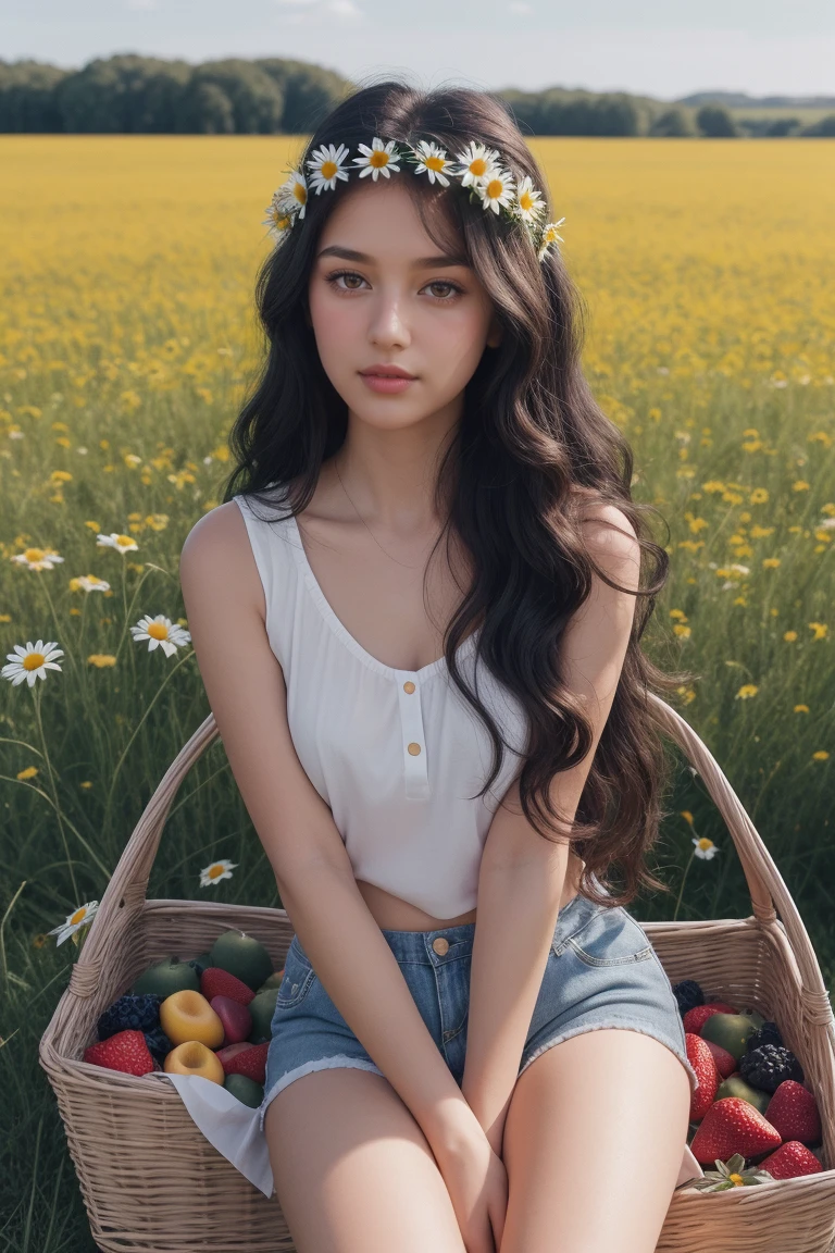 (girl:1.2),alone, (long jet black curly hair:1.1), brown eyes, Wearing a daisy wreath on your head, Sit in a daisy field, (fruit basket:1.1), blue shorts, red shirt,,raw,photographic,photo shadows,actual,Ridiculous,Aesthetic,elegant
Pale, fair skin