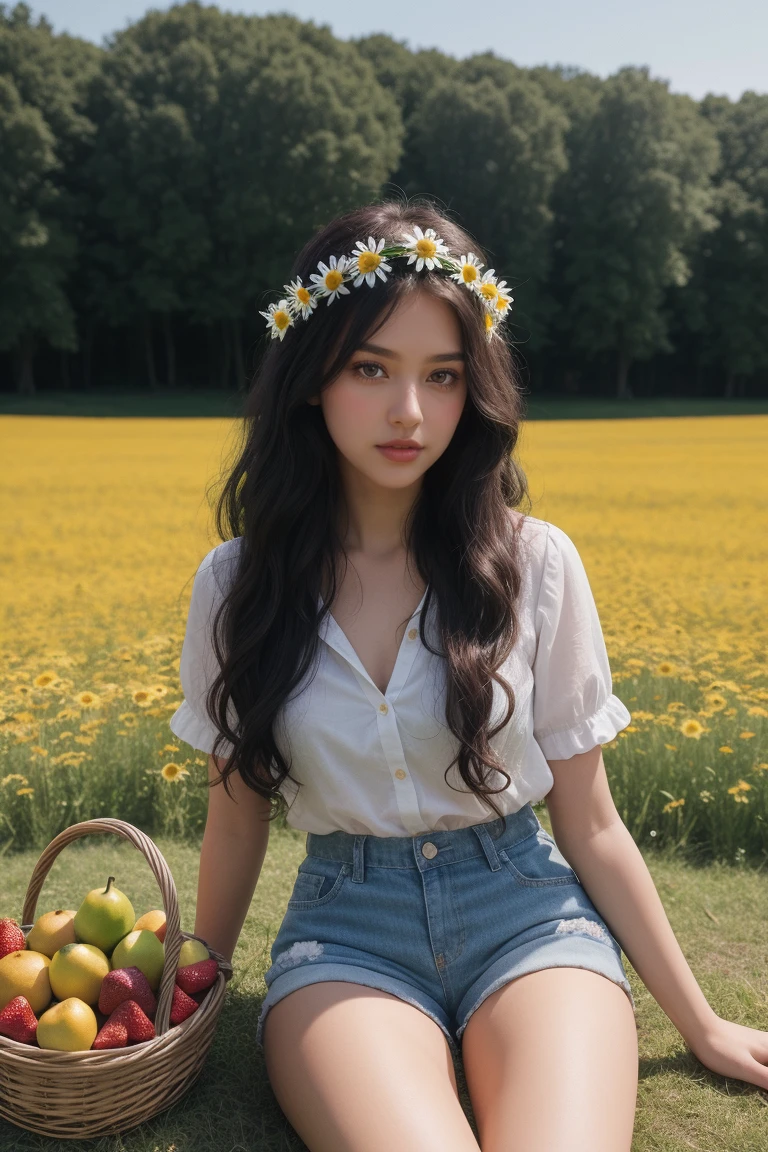 (girl:1.2),alone, (long jet black curly hair:1.1), brown eyes, Wearing a daisy wreath on your head, Sit in a daisy field, (fruit basket:1.1), blue shorts, red shirt,,raw,photographic,photo shadows,actual,Ridiculous,Aesthetic,elegant
Pale, fair skin