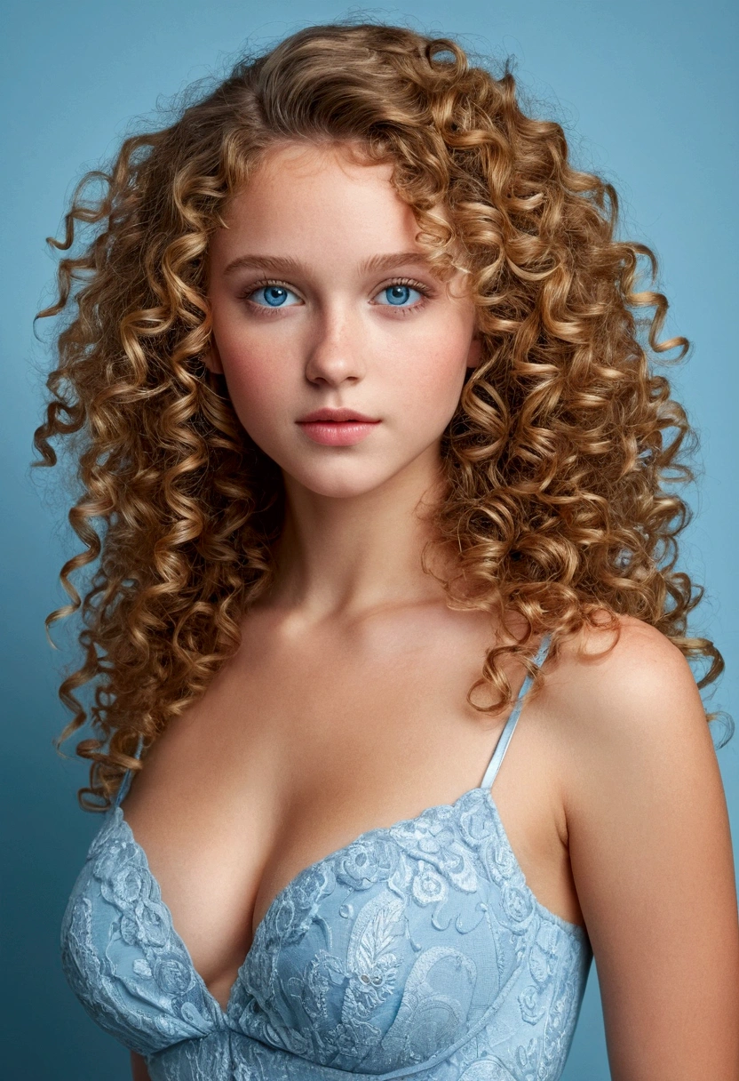 "Full body portrait of a charming girl with curly hair,  figure, beautiful face, captivating blue eyes, and large bust size, showcasing her natural beauty."