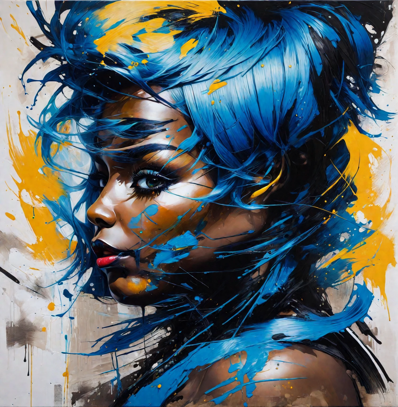 a painting of a woman with blue hair and a black face, screen print, art of alessandro pautasso, stunning, expressive beautiful painting, abstract portrait, by Tony Sart, trending artistic art, acrylic on canvas, inspired by Sandra Chevrier, amazing, abstract realism, by artist, stunning art, extremely high quality artwork, acrylic and spraypaint, russ mills
a painting of a woman with blue hair and a black face, art of alessandro pautasso, stunning, expressive beautiful painting, abstract portrait, by Tony Sart, trending artistic art, acrylic on canvas, inspired by Sandra Chevrier, amazing, abstract realism, by artist, stunning art, extremely high quality artwork, acrylic and spraypaint, russ mills