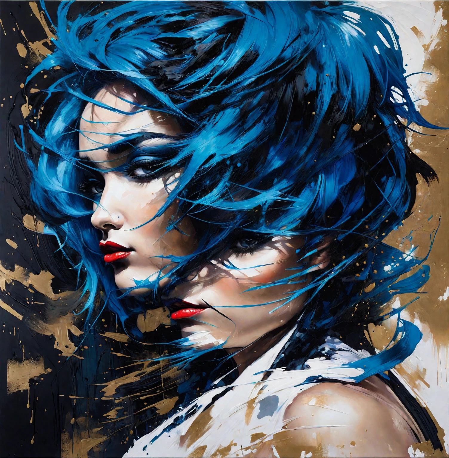 a painting of a woman with blue hair and a black face, screen print, art of alessandro pautasso, stunning, expressive beautiful painting, abstract portrait, by Tony Sart, trending artistic art, acrylic on canvas, inspired by Sandra Chevrier, amazing, abstract realism, by artist, stunning art, extremely high quality artwork, acrylic and spraypaint, russ mills
a painting of a woman with blue hair and a black face, art of alessandro pautasso, stunning, expressive beautiful painting, abstract portrait, by Tony Sart, trending artistic art, acrylic on canvas, inspired by Sandra Chevrier, amazing, abstract realism, by artist, stunning art, extremely high quality artwork, acrylic and spraypaint, russ mills