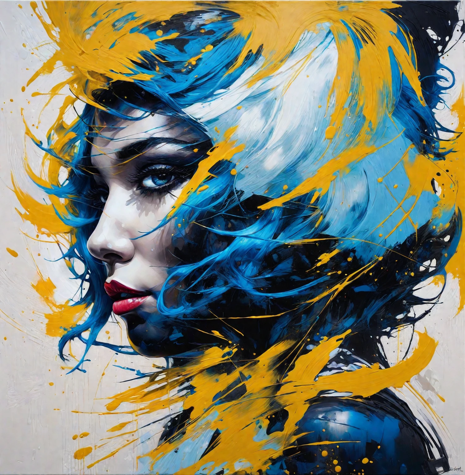 a painting of a woman with blue hair and a black face, screen print, art of alessandro pautasso, stunning, expressive beautiful painting, abstract portrait, by Tony Sart, trending artistic art, acrylic on canvas, inspired by Sandra Chevrier, amazing, abstract realism, by artist, stunning art, extremely high quality artwork, acrylic and spraypaint, russ mills
a painting of a woman with blue hair and a black face, art of alessandro pautasso, stunning, expressive beautiful painting, abstract portrait, by Tony Sart, trending artistic art, acrylic on canvas, inspired by Sandra Chevrier, amazing, abstract realism, by artist, stunning art, extremely high quality artwork, acrylic and spraypaint, russ mills