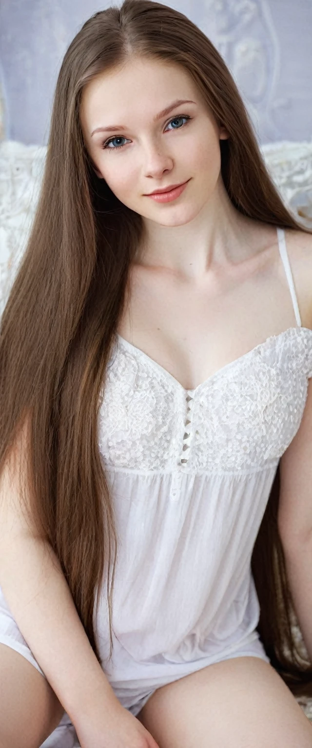 Very cute and beautiful white slavic girl, 19 y.o., brown long hair, white pale skin, skinny, 2nd breasts size, realistic labia, hairless pubis