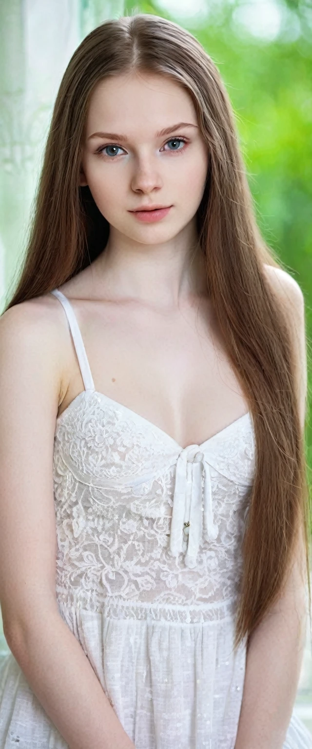 Very cute and beautiful white slavic girl, 19 y.o., brown long hair, white pale skin, skinny, 2nd breasts size, realistic labia, hairless pubis