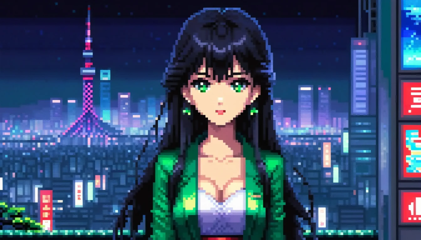 pixel, 16-bit Style, pixel art, Nintendo game scene, Cool colors, green,Tokyo at night in the background, Skyscraper, Skyline, Modern, Colorful lights, Tokyo Night, dark, A girl in the foreground, whole body, Woman with long black hair and bangs, dark eyes, depth of image　８０Decade Style　Clothes that reveal cleavage