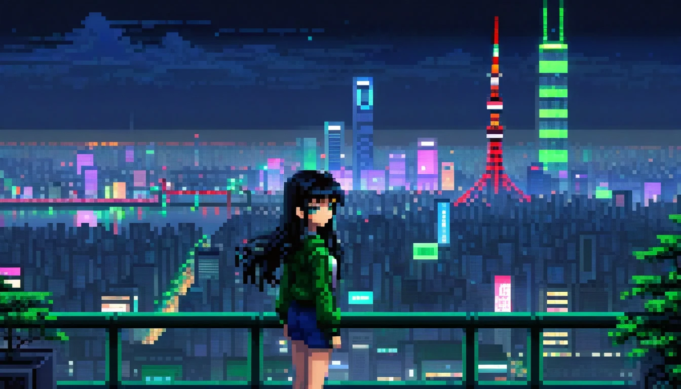 pixel, 16-bit Style, pixel art, Nintendo game scene, Cool colors, green,Tokyo at night in the background, Skyscraper, Skyline, Modern, Colorful lights, Tokyo Night, dark, A girl in the foreground, whole body, Woman with long black hair and bangs, dark eyes, depth of image 80Decade Style Clothes that reveal cleavage