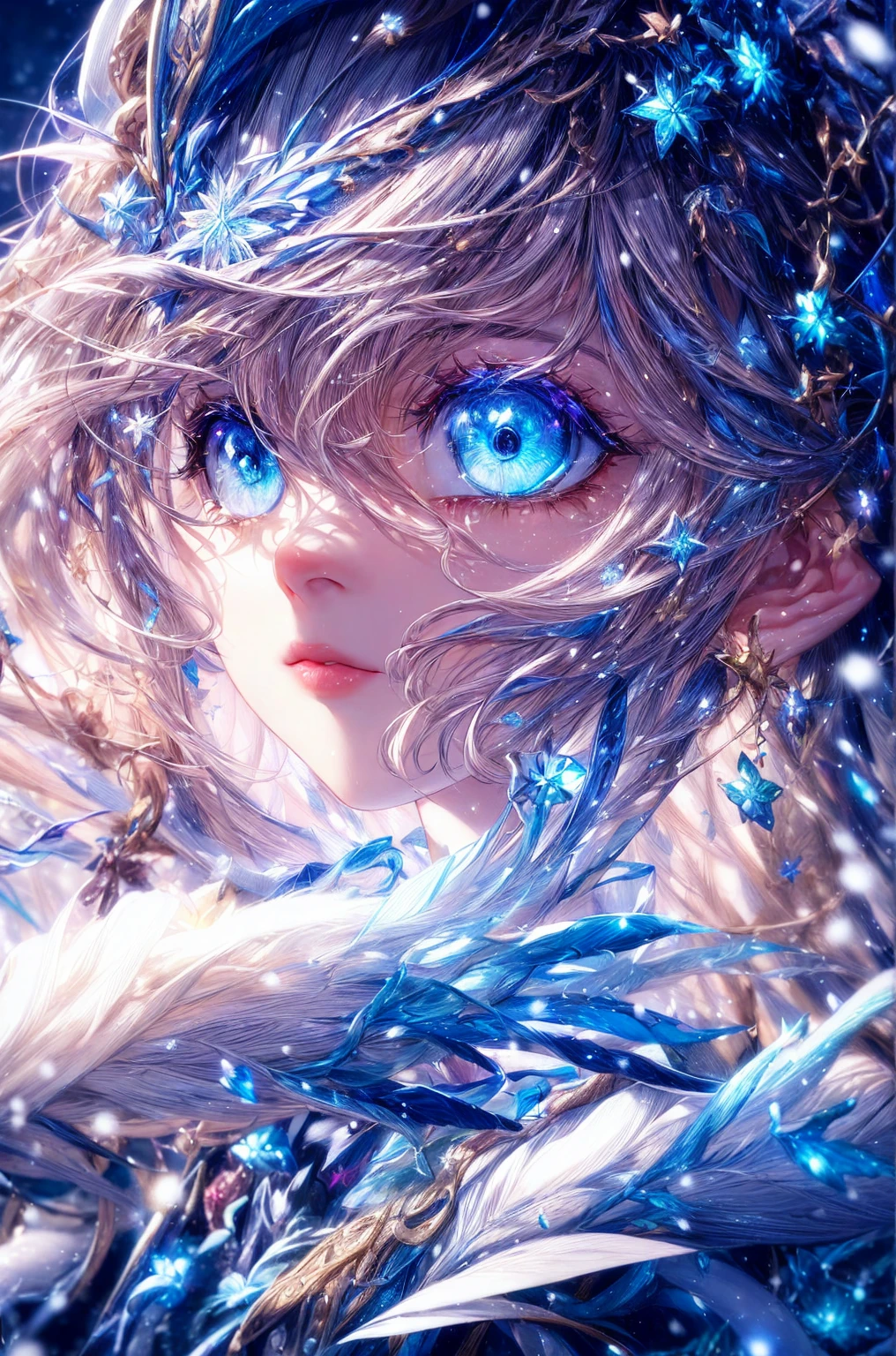 (extremely detailed CG unity 8k wallpaper), (masterpiece), (best quality), (ultra-detailed), (best illustration),(best shadow), (an extremely delicate and beautiful), classic, dynamic angle, floating, fine detail, Depth of field, classic, (painting), (sketch), (bloom), (shine), glinting stars,
1girl, ancient costume, gloves, silver hair,blue eyes, long hair, morden hair, upper body, white color costume, earrings, high camera angle, snow,outdoors,