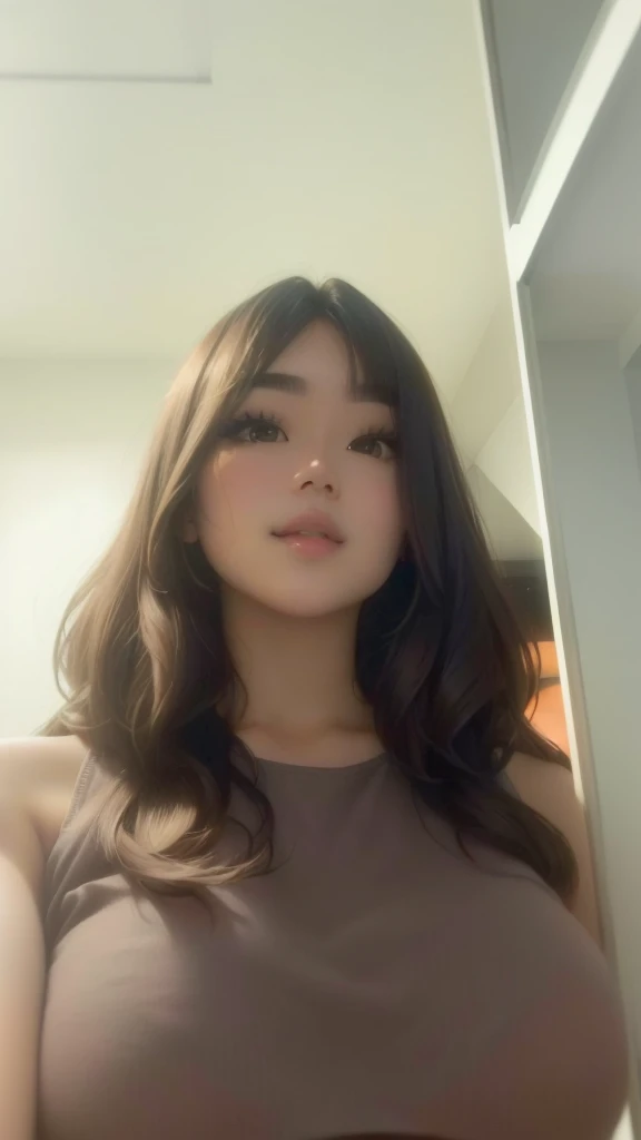 there is a woman taking a selfie in a mirror, low quality video, with round face, tiktok video, with long hair, ruan cute vtuber, with short hair, from 8 k matte, thick lips, with instagram filters, ๐คค girl portrait, she has a cute face, she is facing the camera, with bangs, cindy avelino, croptop, nude body, bug