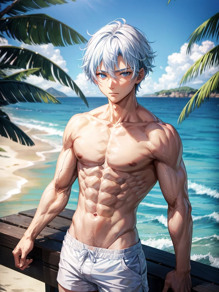 Anime guy about 15, shirtless, with blue eyes and white hair, muscular, 6 pack abs, with white shorts, on the beach