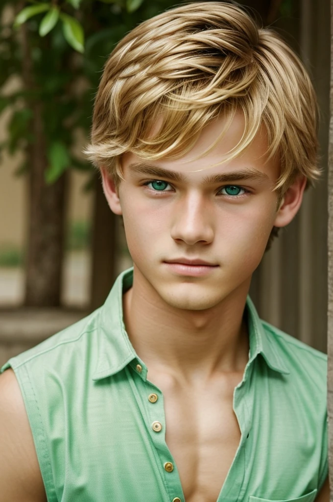 A very handsome 15-year-old boy with golden hair and green eyes, and his skin color should be bright and beautiful, very very beautiful.