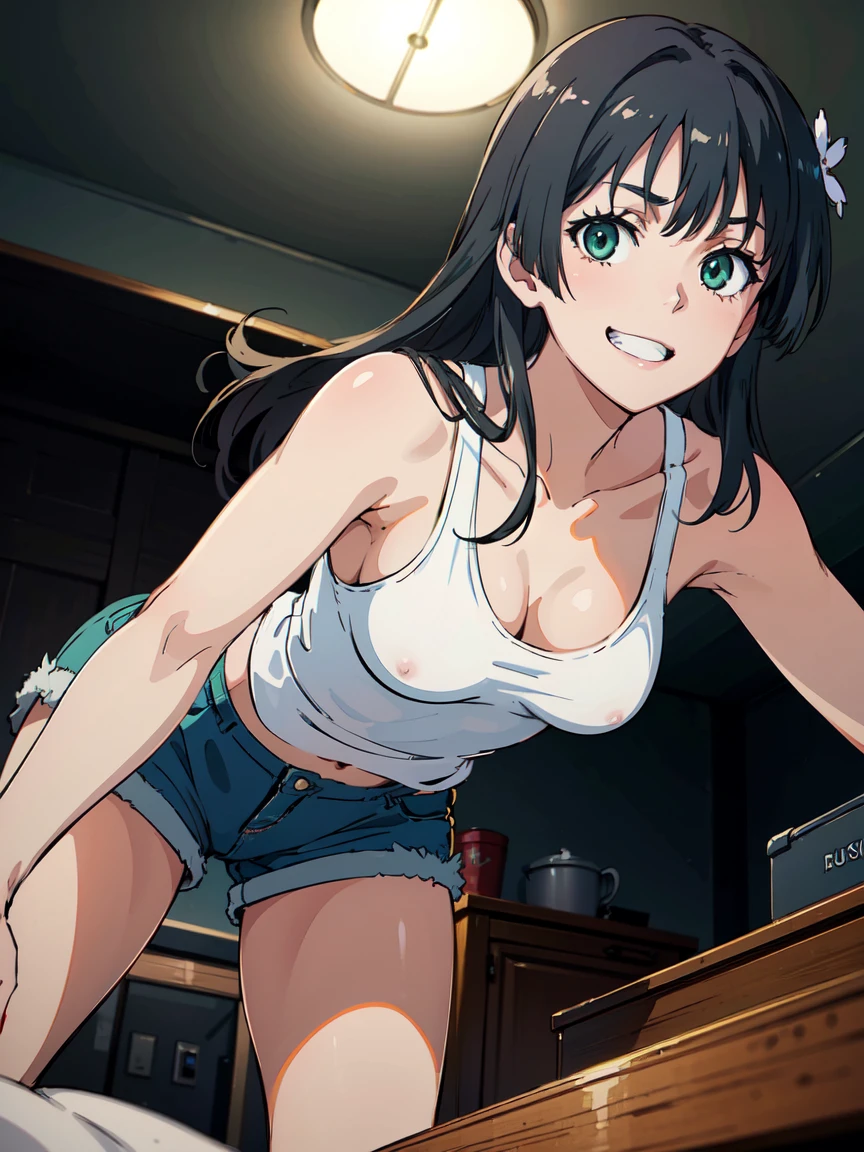 Roll up your shirt. (High resolution:1.4), (masutepiece:1.2), (High quality:1.3) 1girl, saten ruiko, green eyes, long hair, black hair, small breast, tank top, hot pants, cinematic lighting, pov, grin, dynamic angle, nsfw
