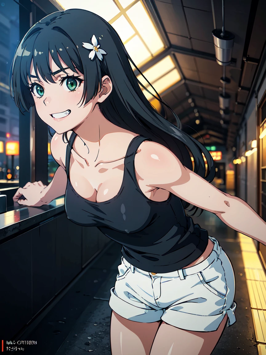 Roll up your shirt. (High resolution:1.4), (masutepiece:1.2), (High quality:1.3) 1girl, saten ruiko, green eyes, long hair, black hair, small breast, tank top, hot pants, cinematic lighting,  pov, grin, dynamic angle, nsfw