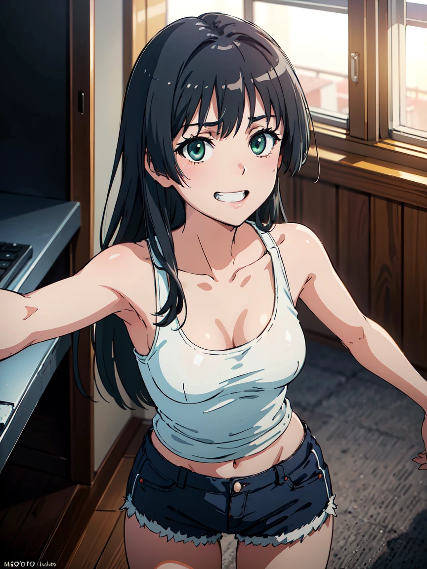 Roll up your shirt. (High resolution:1.4), (masutepiece:1.2), (High quality:1.3) 1girl, saten ruiko, green eyes, long hair, black hair, small breast, tank top, hot pants, cinematic lighting, pov, grin, dynamic angle, nsfw