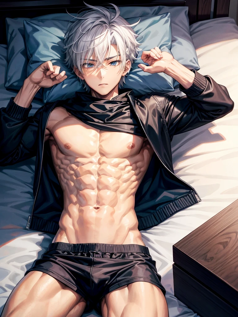 Anime guy about 16 without outerwear. Muscular with 6-pack abs and back. With white hair. Lying on the bed. 