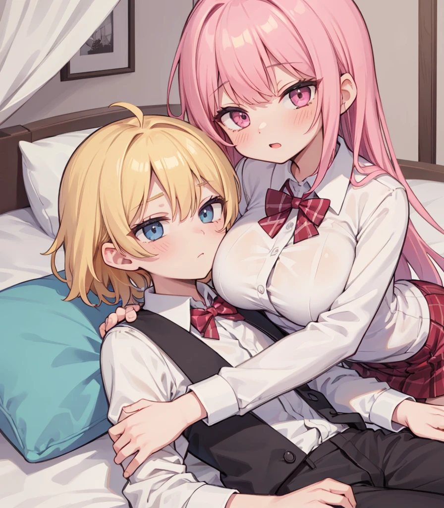 masterpiece, Highest quality, so beautiful, absurdists,High resolution,One girl, One boy,Cuddling in bed, like,sexly,Look at each one, blush,Age difference,bow tie,blondes,chest,Long Hair,Pink Hair,Tucked in shirt,short hair,skirt,Tent shirt,Slut,Big breasted sister and brother,Siblings, trousers,Pushing her big tits against her brother,(My brother&#39;s erect penis),((((姉のvery huge breasts,Sister crushes her big tits in her brother&#39;s face)))),(((((Very huge breasts))))),(((((penis,NSFW,Soft Very HUGE breasts))))),((Bursting Breasts,Huge breasts hiding her brother&#39;s face)),((((((((Huge Breasts, Large Breasts, Very Large Breasts, Very Large Breasts, Very Large Breasts, Very Large Breasts, Very Large Breasts, Very Large Breasts, Very Large Breasts, Very Large Breasts, Very Large Breasts, Very Large Breasts, Burying Face in Breasts)))))))),Two people gazing at each other,puffy breasts,((Face crushed by tits, huge breasts on brother's body, mouth covered by tits, breasts covering face)),((huge breasts)),soft massive breasts,crotch grab