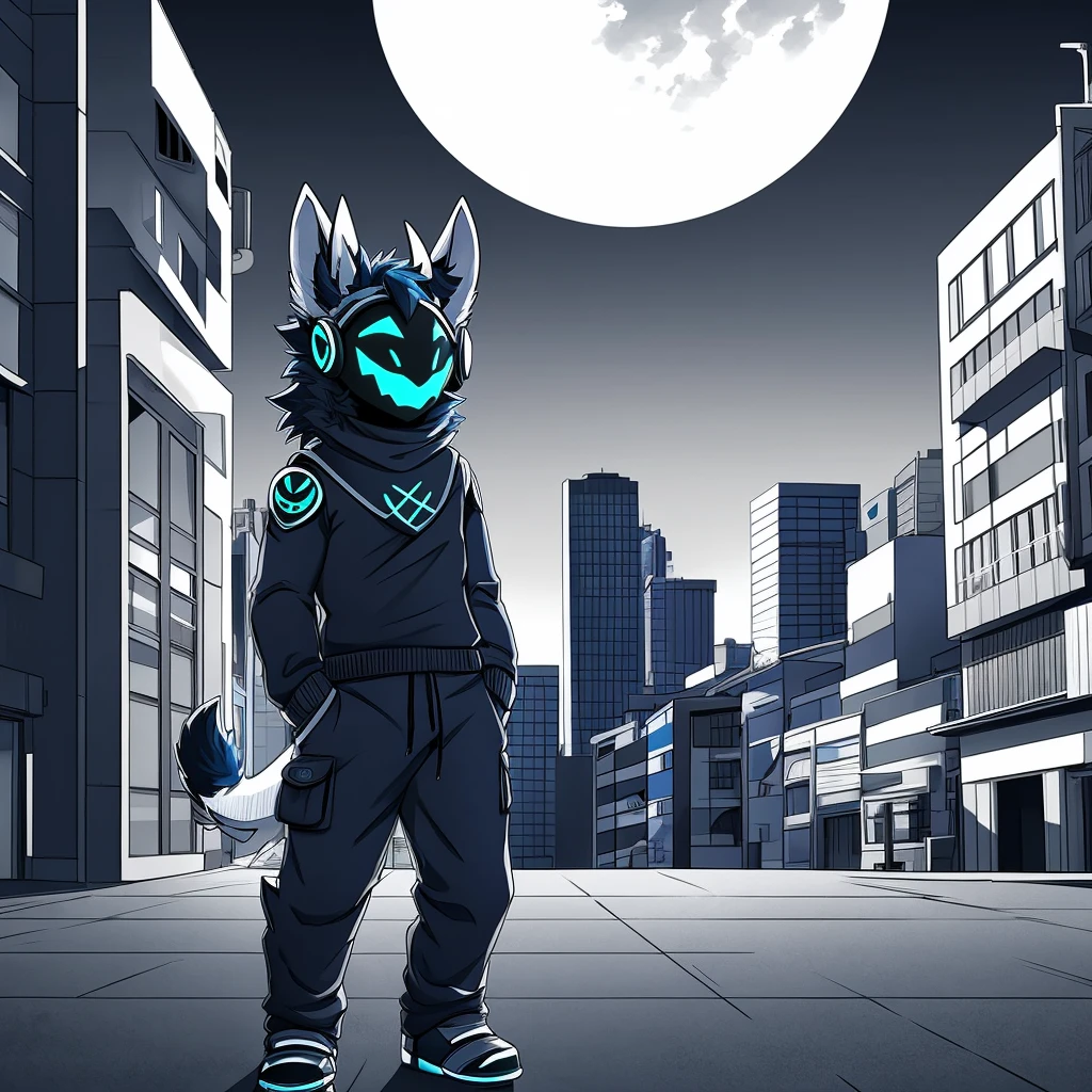 Hairy protogen with horns not so big or small on his head and smiling in a sunset Japanese city and blue in color with black and white fur and with the body of a protogen with more vital parts and with a sweater and mountain pants being alone and its tail a little long