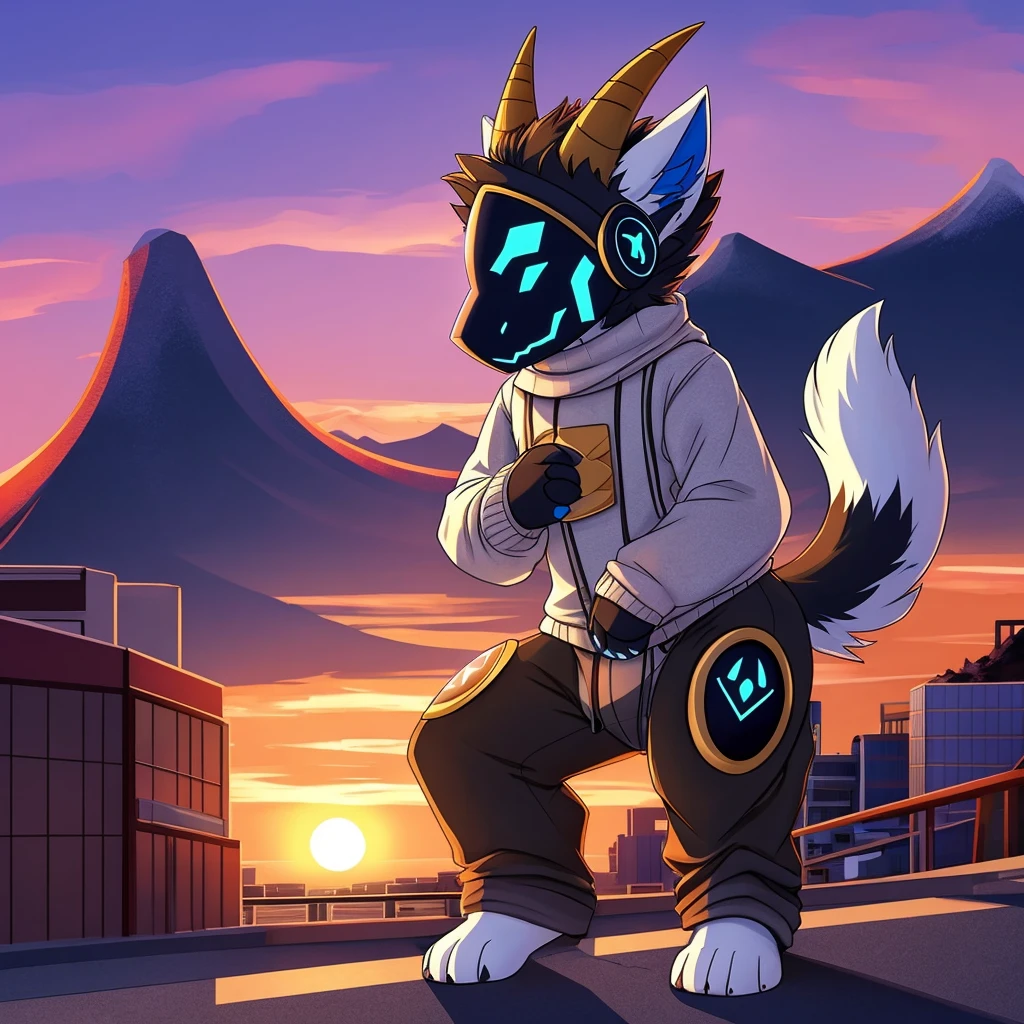 Hairy protogen with horns not so big or small on his head and smiling in a sunset Japanese city and blue in color with black and white fur and with the body of a protogen with more vital parts and with a sweater and mountain pants being alone and its tail a little long