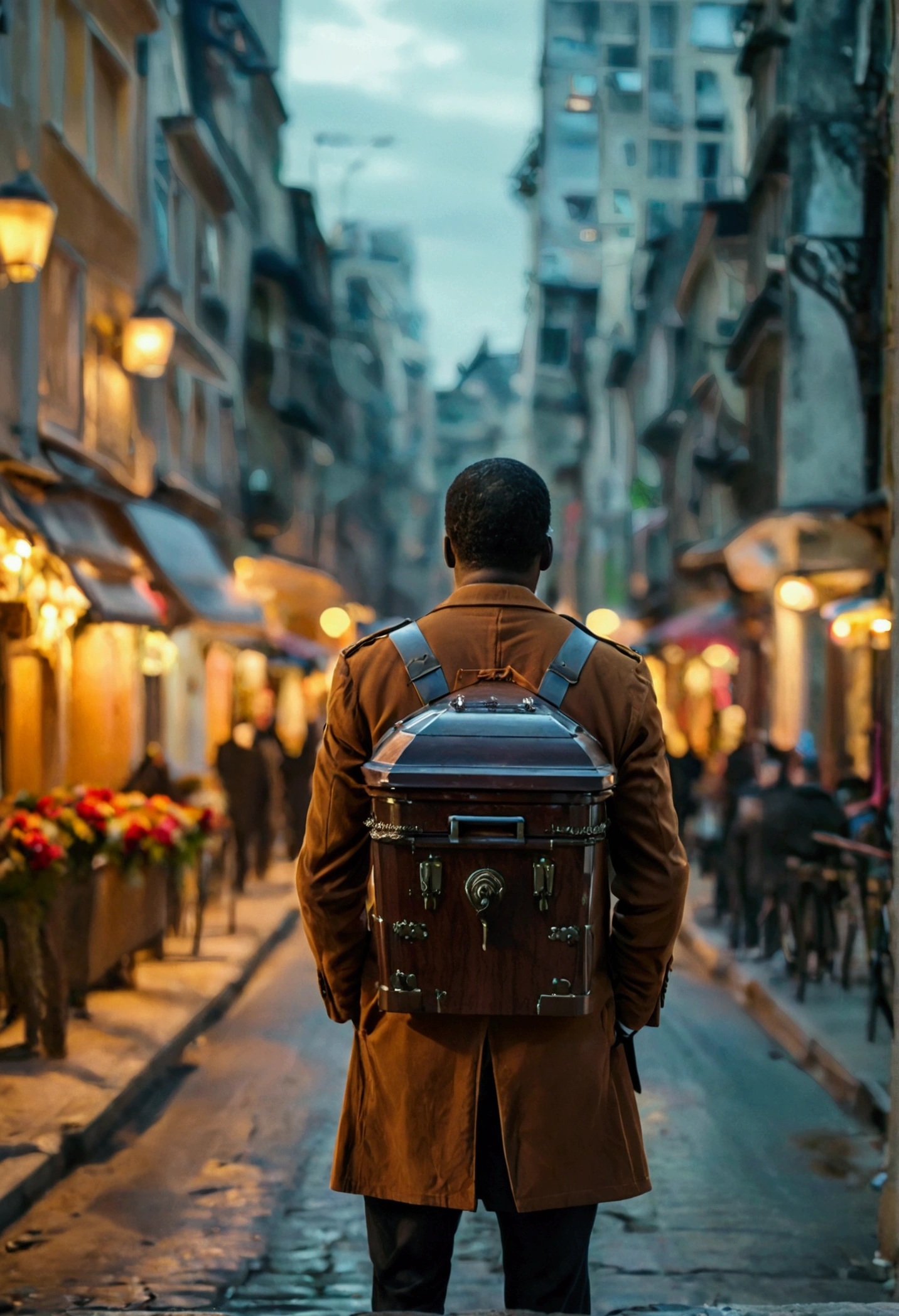 Un homme portant une casket se tient dans la ville, le style est une scène maussade et tranquille, portrait sur les réseaux sociaux, portrait détaillé, (haut du corps) utiliser un visage souriant au téléphone portant une tenue professionnelle