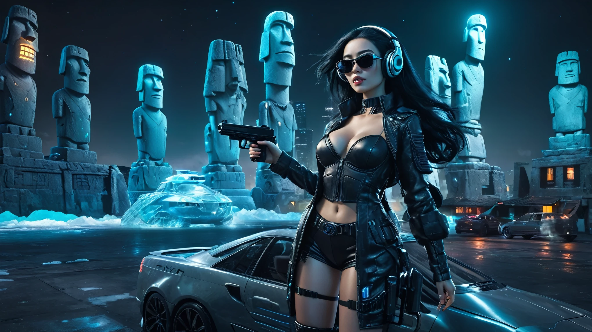 At night, dark sky, distant shot aerial view of fantasy cyberpunk style ice ((Moai-statue)) city, ((flying car)). ((1girl, solo, alone)), medium-breast:1.1 slim body, cleavage, sexy clothes, (headphone, black sunglasses, long black realistic hair), (((hip-up standing and holding pistol))), (((((half-body thigh level medium shot))))), cinematic lighting, lens flare, ray tracing.
