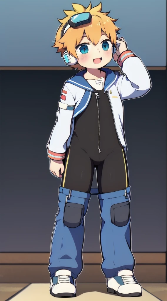 2D Boy Shota，One-piece mountaineering suit，Slim, Put the headphones on your head，stand up，goggles，Rabbit ears，happy，Sailor collar，tie，Zipper pulled down，sports shoes